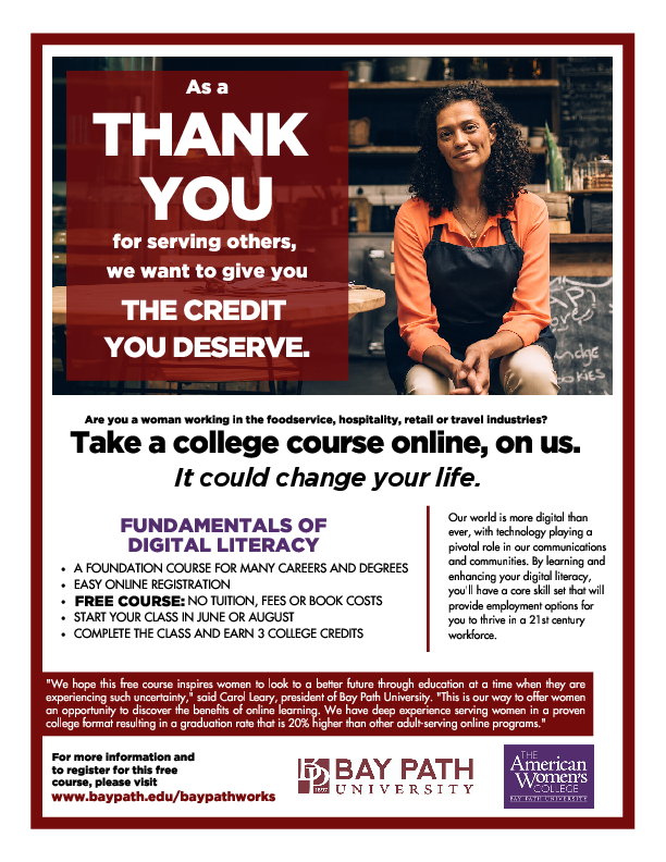 Bay Path University To Offer Free Three Credit Online Undergraduate Course To Women Working In Certain Fields