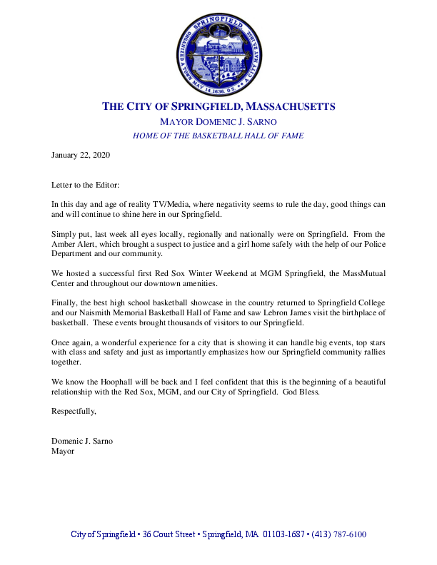 Mayor Sarno S Letter To The Editor Busy Week In Springfield