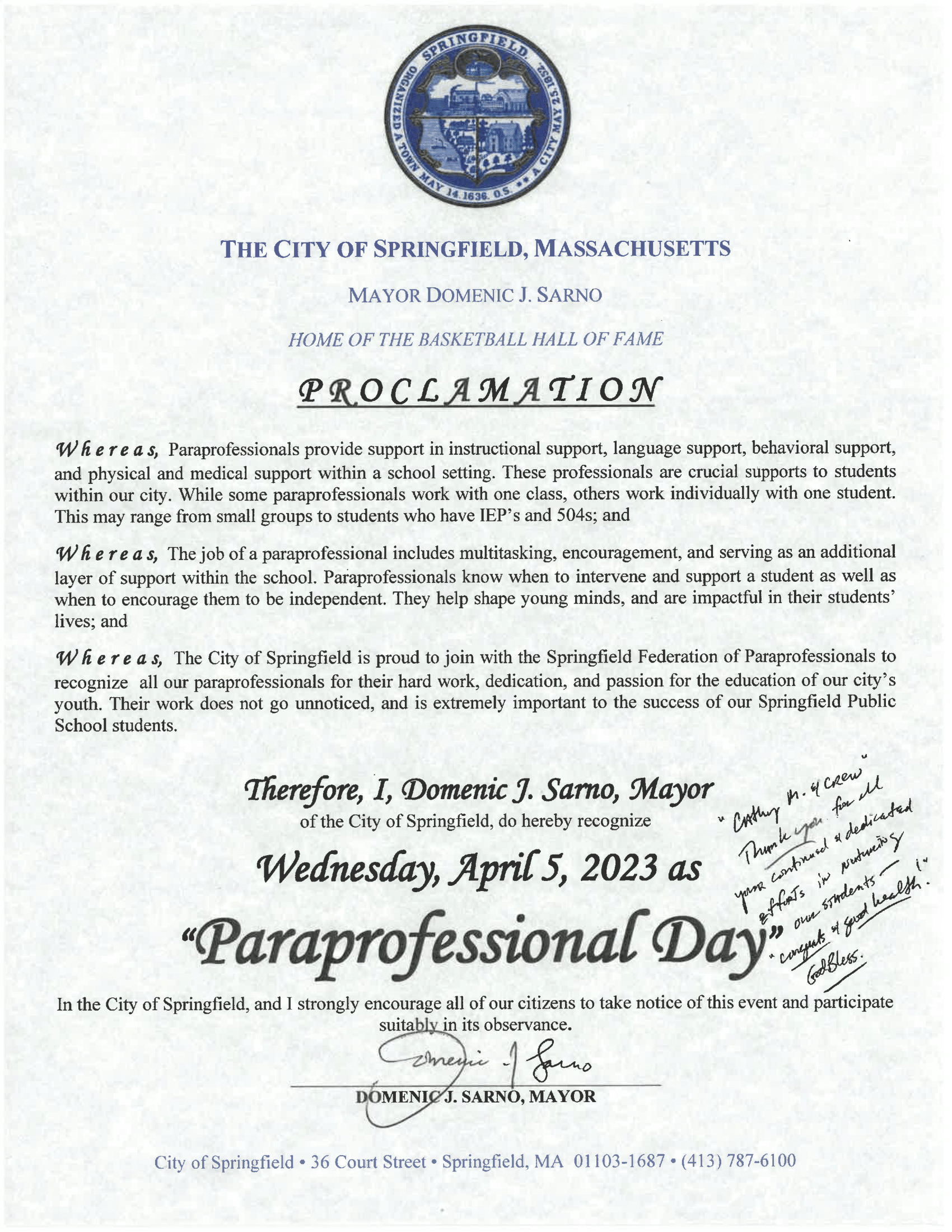 Springfield Celebrates National Paraprofessional Appreciation Week