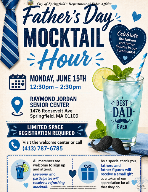 PDF header page for a Father’s Day Mocktail event from the City of Springfield Department of Elder Affairs, featuring the department’s mission statement encouraging older adults to live well through supportive programs and services. The page includes stylized text emphasizing the organization’s commitment to aging well.