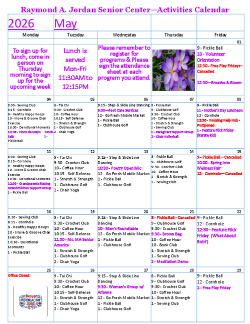 May 2026 activity calendar for Raymond A. Jordan Senior Center featuring daily fitness, wellness, arts, support groups, and social programs.