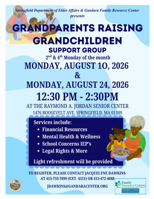 The Grandparents Raising Grandchildren Support Group, presented by the Springfield Department of Elder Affairs and the Gándara Family Resource Center, offers twice‑monthly meetings on August 10 and August 24, 2026, from 12:30 PM to 2:30 PM at the Raymond A. Jordan Senior Center. The program provides access to financial resources, mental health and wellness support, school‑related guidance including IEP concerns, legal rights information, and more, with light refreshments available. Registration is encouraged through the listed contacts, supporting caregivers with culturally sensitive community assistance.