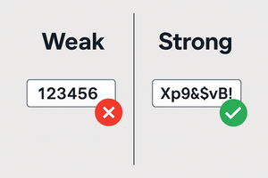 A side‑by‑side comparison showing a weak password on the left and a strong password on the right. The left side has the word “Weak” above a password box displaying “123456,” with a red circle containing a white X beside it. The right side has the word “Strong” above a password box displaying “Xp9&$vB!” with a green circle containing a white check mark beside it. A vertical line divides the two sections.