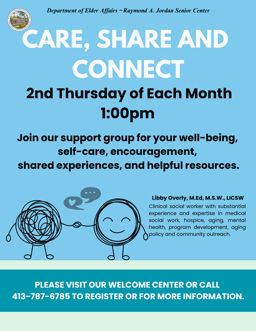 Informational flyer from the City of Springfield Department of Elder Affairs promoting a Volunteer Orientation for new and current volunteers on May 1, 2026 at 10:00 AM. The flyer includes illustrated diverse community members holding heart icons, details about supporting the Raymond Jordan Senior Center, and a prominent call‑to‑action button reading Become a Volunteer Today.