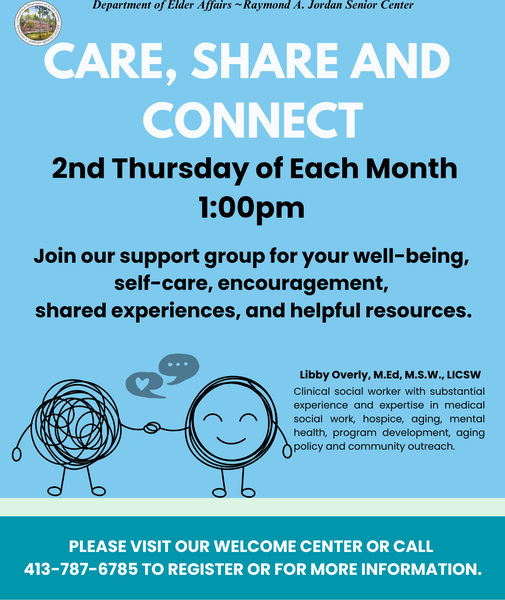 Informational flyer from the City of Springfield Department of Elder Affairs promoting a Volunteer Orientation for new and current volunteers on May 1, 2026 at 10:00 AM. The flyer includes illustrated diverse community members holding heart icons, details about supporting the Raymond Jordan Senior Center, and a prominent call‑to‑action button reading Become a Volunteer Today.