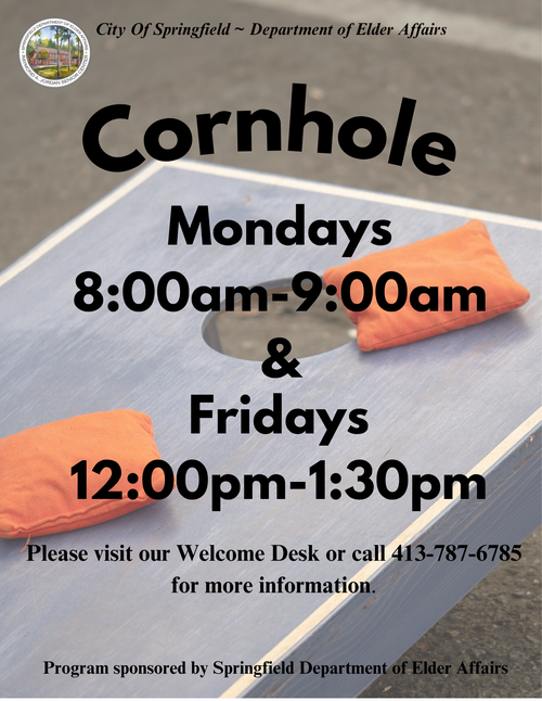 Join the Cornhole program at the Raymond A. Jordan Senior Center in Springfield, MA. Sessions take place on Mondays from 8:00 a.m. to 9:00 a.m. and Fridays from 12:00 p.m. to 1:30 p.m. This fun and social activity is open to senior center members and encourages friendly competition, movement, and community engagement. For details or registration, visit the Welcome Desk or call 413‑787‑6785. Sponsored by the Springfield Department of Elder Affairs.