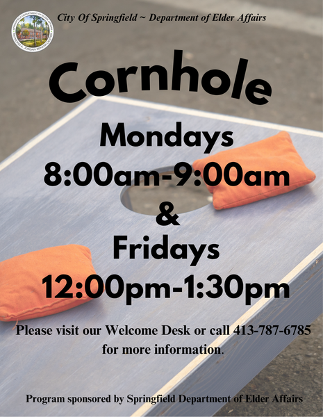 Join the Cornhole program at the Raymond A. Jordan Senior Center in Springfield, MA. Sessions take place on Mondays from 8:00 a.m. to 9:00 a.m. and Fridays from 12:00 p.m. to 1:30 p.m. This fun and social activity is open to senior center members and encourages friendly competition, movement, and community engagement. For details or registration, visit the Welcome Desk or call 413‑787‑6785. Sponsored by the Springfield Department of Elder Affairs.