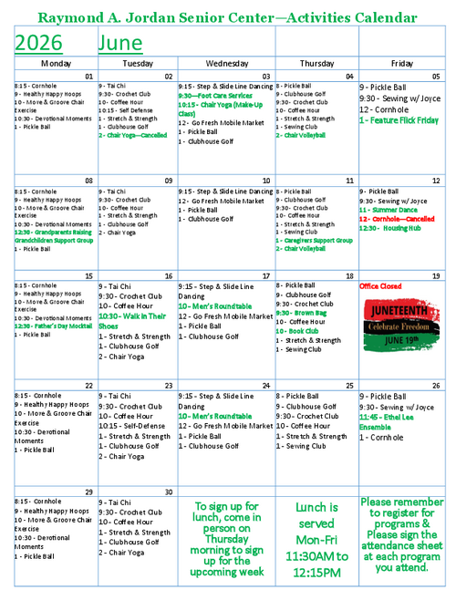 June 2026 activity calendar for Raymond A. Jordan Senior Center featuring daily fitness, wellness, arts, support groups, and social programs.