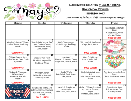 May lunch menu calendar showing daily meal options, cold lunch days, special events, and serving times from 11:30 a.m. to 12:15 p.m., provided by Palazzo Café.